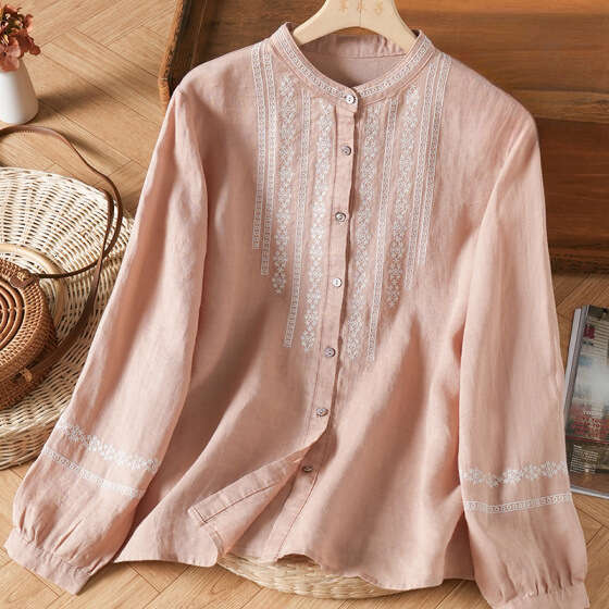 Mardi Hefxessdr stand collar long-sleeved shirt Spring new women's stand-collar versatile long-sleeve shirt top cotton-linen Chinese shirt women&