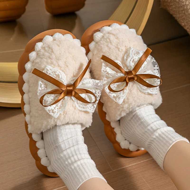 Winter Warm Fur Slippers For Women Thick-Soled Household Slippers Cute Bow Non Slip Soft Home Shoes Indoor Plush Womens Slipper S260305
