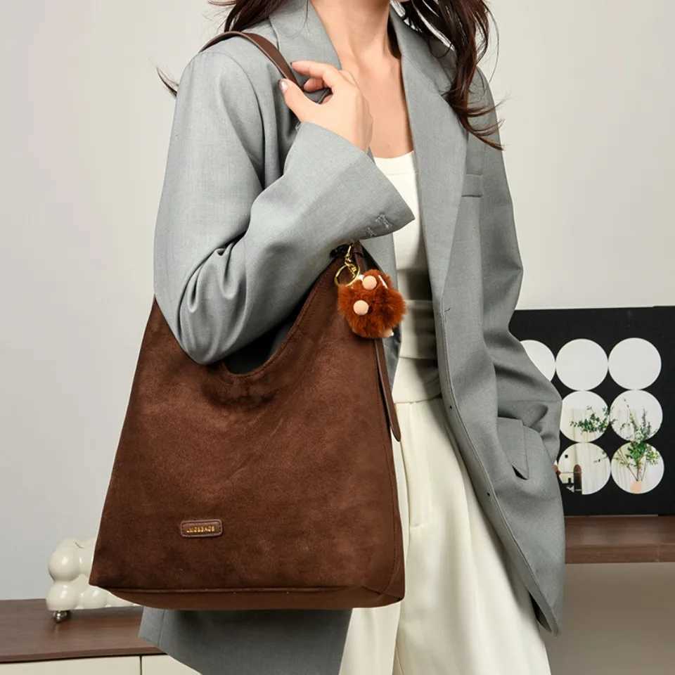 Genuine Womens Top Quality Suede Hobo Bag Large Capacity Shoulder Bag with Pom Charm Fits A4 Tablet for Daily Use 2026 H260306