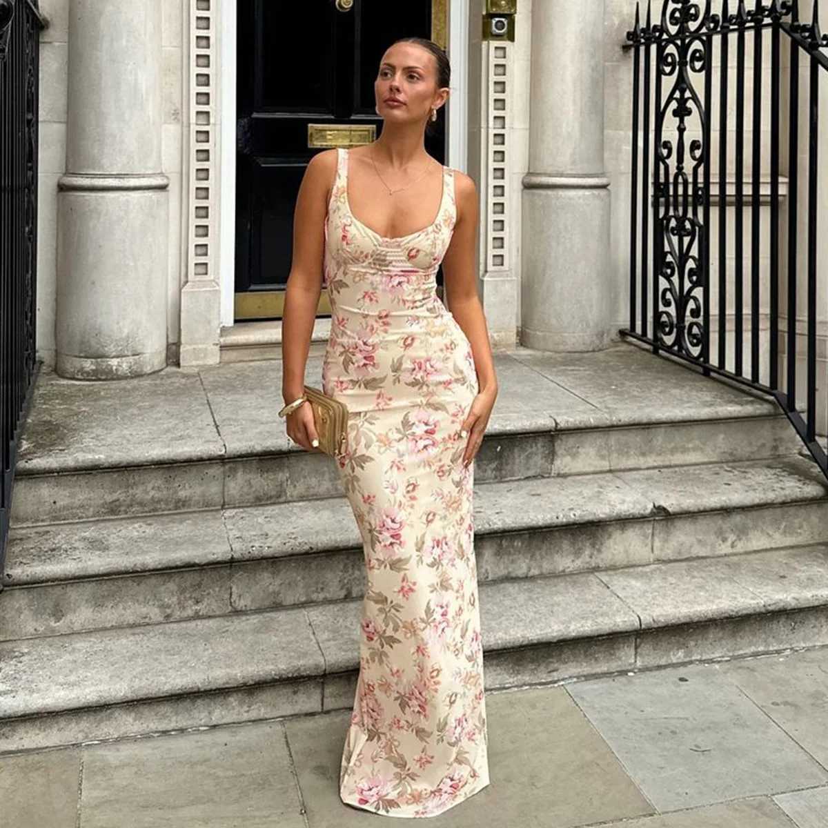 2026 New Womens Sexy Low-Cut U-Neck Floral Print Slit Strapless Dress for Birthday Party Evening Dinner Elegant Evening Gown X260306