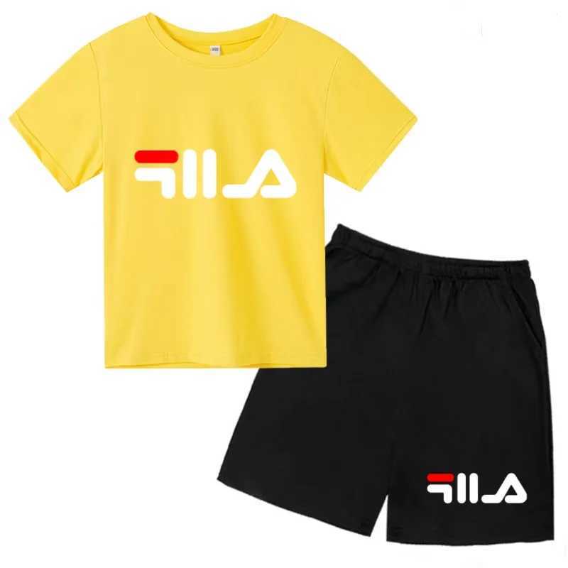 Kids Casual Set 2Pcs, Brand Print T-Shirt & Shorts Set, Boys & Girls Cool Summer Sports Outfits for 3-12YT260306