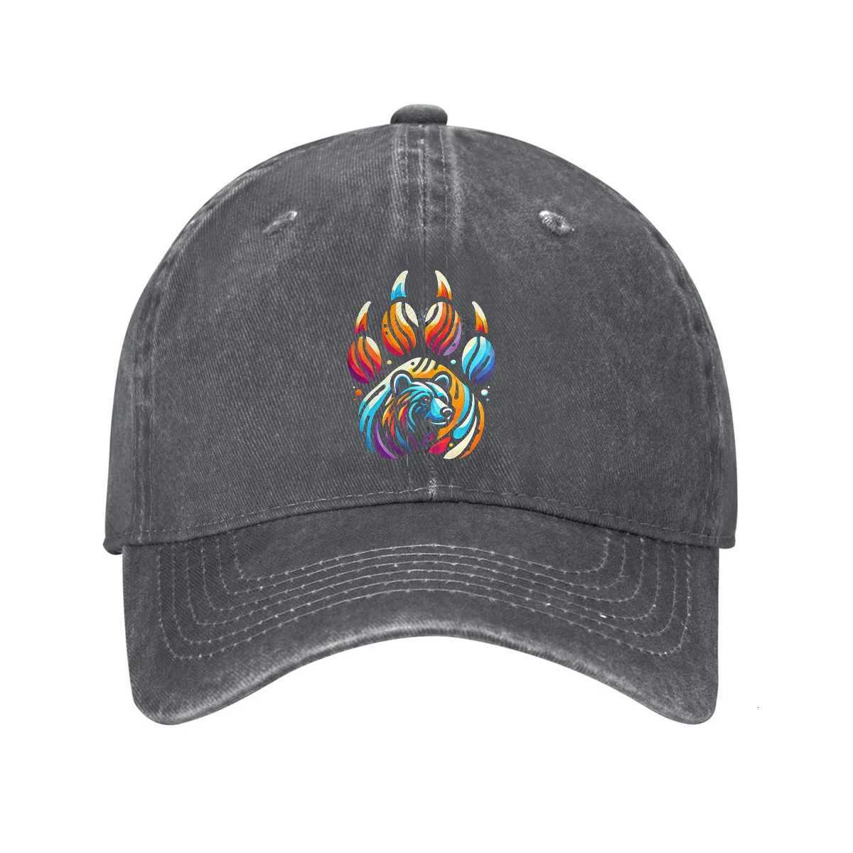 Colorful Bear Paw Print Baseball Cap Washed Denim Adjustable Casual Dad Hat for Unisex S260306