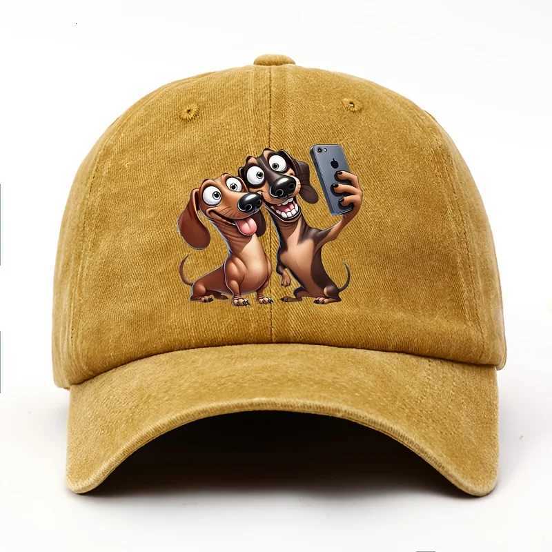 Dachshund Selfie Cartoon Print Baseball Cap Vintage Washed Adjustable Snapback Dog Lovers Casual Sun Hat S260306