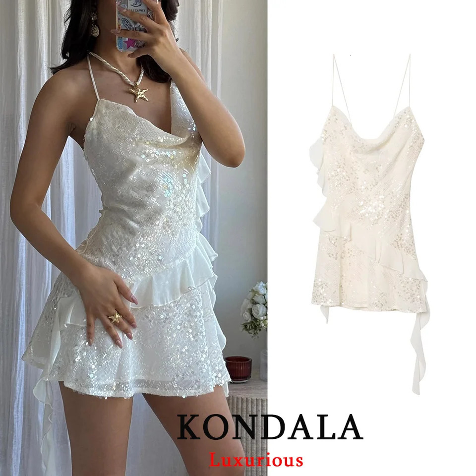 KONDALA Sexy Chic Women Dress Solid Cami Backless Sequined Tierred Mini Short Fashion Fall Evening Club Party 260302