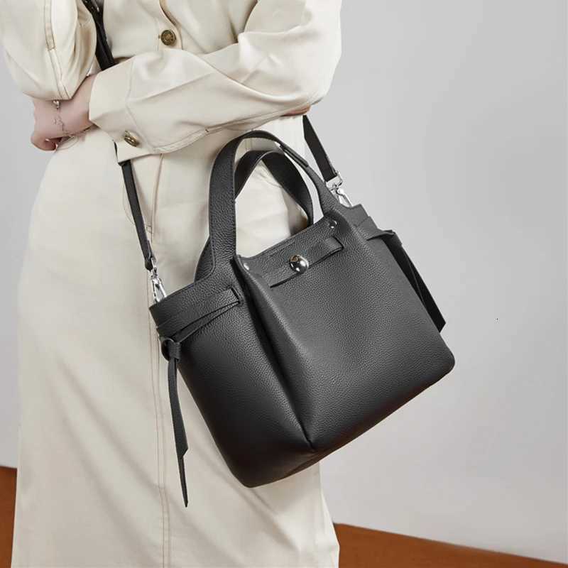 Burminsa Cowhide Genuine Leather Bucket Soft Shoulder Bags For Women 2026 Designer Crossbody Totes Work Ladies Handbags H260306