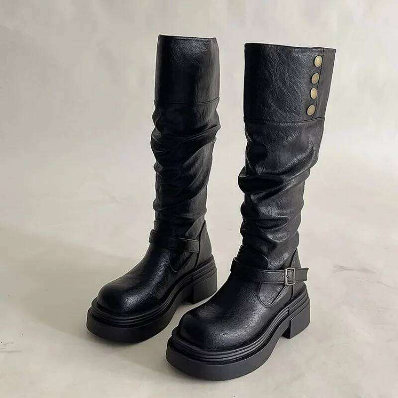 Women's Two-Way Foldable Knee-High | Thick-Soled Retro Punk Biker Boots with Buckle Straps