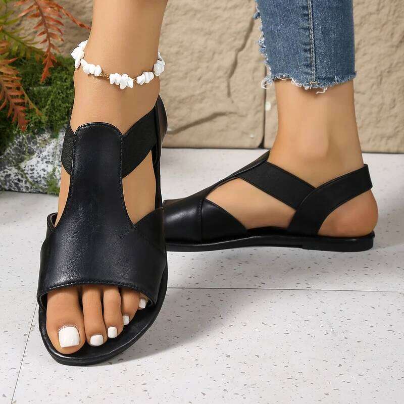 Simple Fashion Flat Heel Women Plus 2025 Summer New Sewing Detail Peep Toe Beach Shoes Casual Ladies Roman Sandals