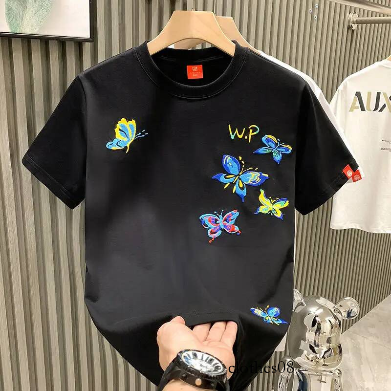 Men T shirt Heavy Industry Butterfly Embroidery High-end Niche Design Sense Youth Short-Sleeved T-shirt Men's Fashion Trendy Brand