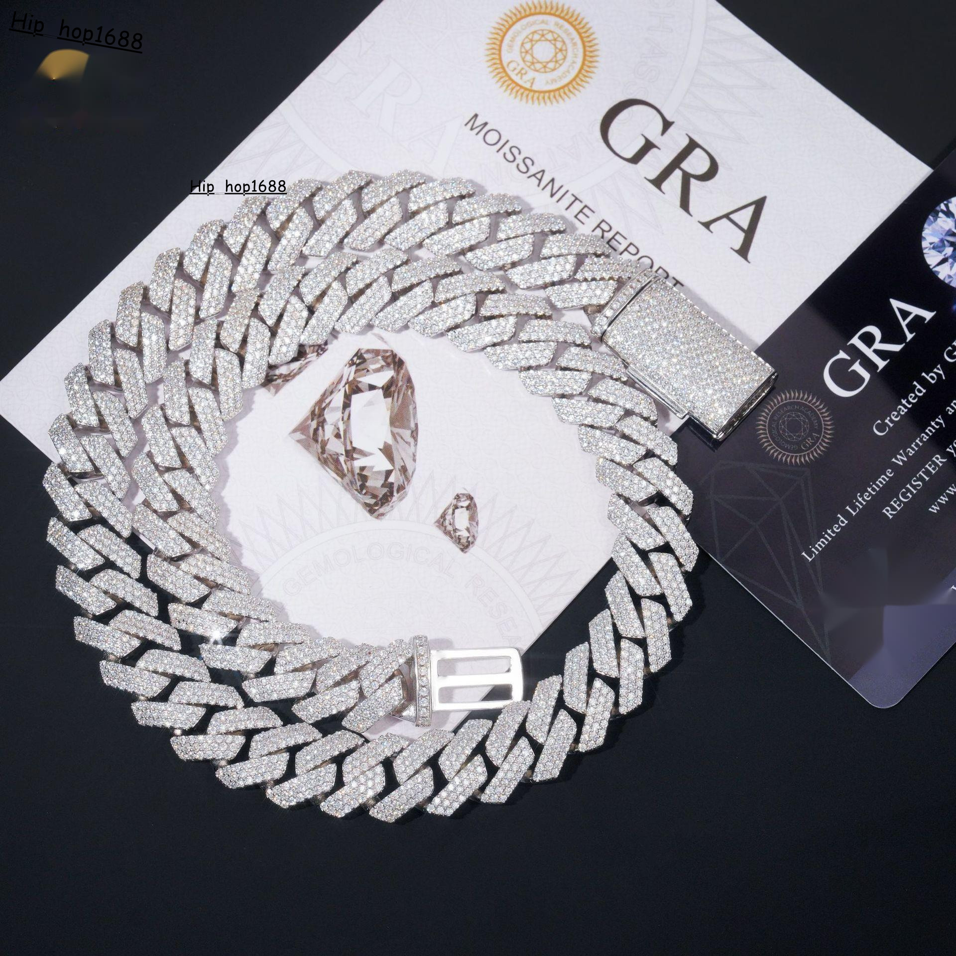 Best-selling hip-hop 14mm full diamond three-row 925 silver inlaid moissanite diamond-shaped personalized Cuban chain accessory GRA