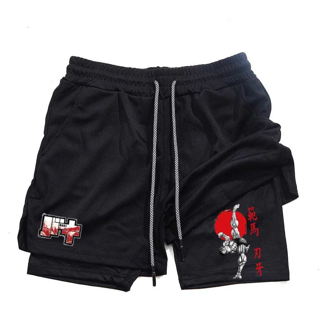 Mens and womens gym shorts quick drying mesh shorts animated printed Baki Hanma sleeves 2-in-1 X260306