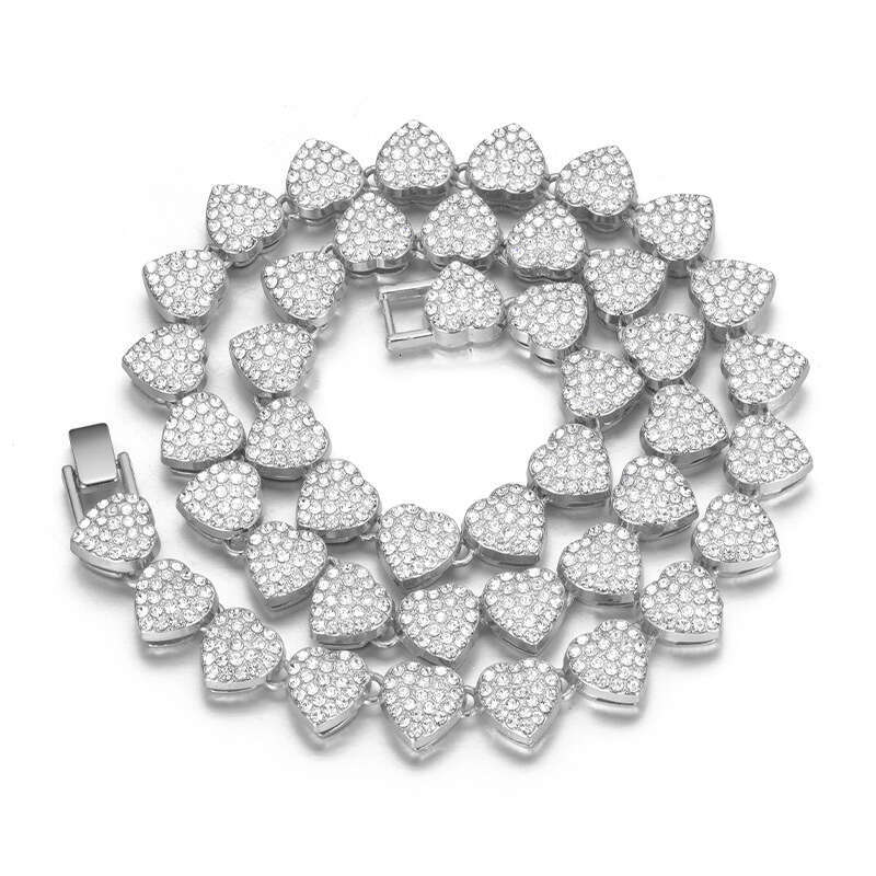 European and American cross-border high-quality heart-shaped Cuban necklace 10mm alloy full diamond women's bracelet hip-hop jewelry factory