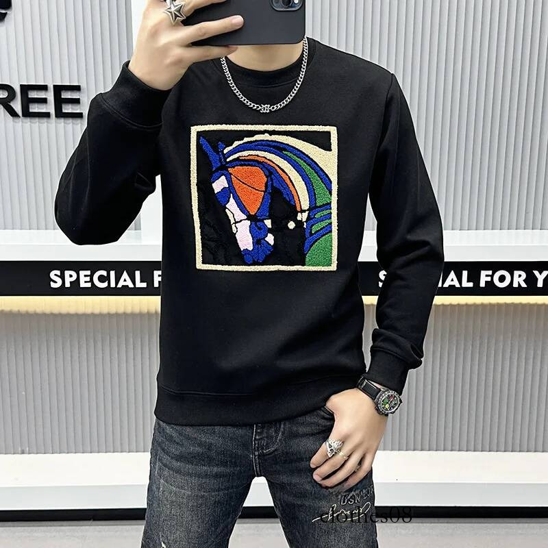 High-End Long Sve Hoodie Men's Embroidered Head Pattern round Ne Base irt Quali European Faion Youth Cotton ...