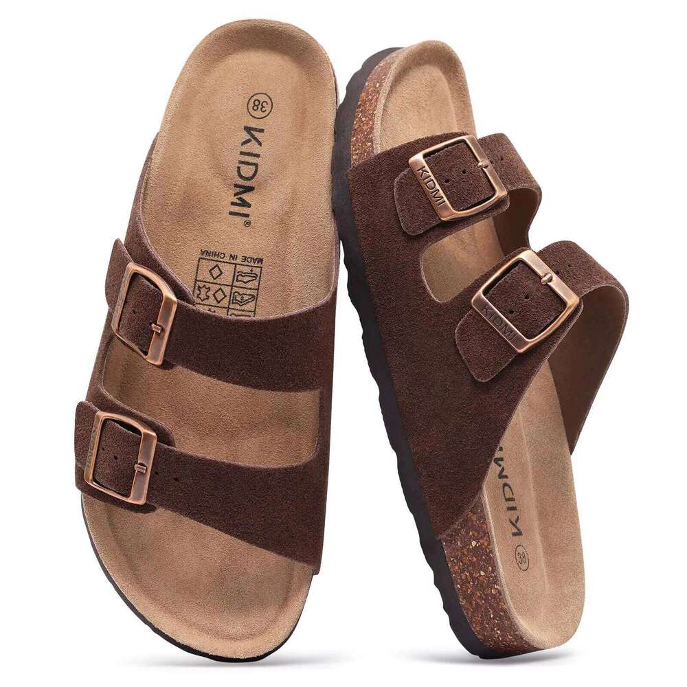 Litfun Summer Classic Women's Cork Sandals With Arch Support Cow Suede Comfortable Slides Anti-slip Unisex Adjustable Slippers