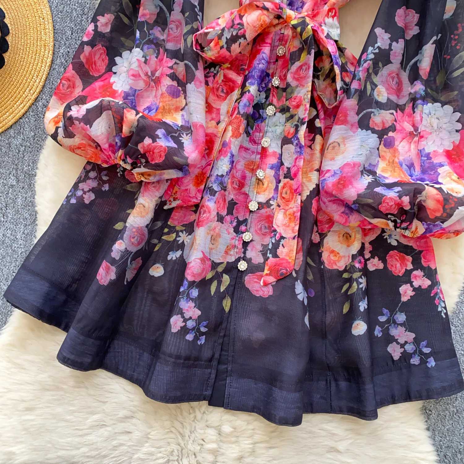 French Court Style Vintage Lantern Sleeve Dress Pearl Single Breasted Belt Slim Waist A-line Big Swing Robe Spring Chic Vestidos X260306