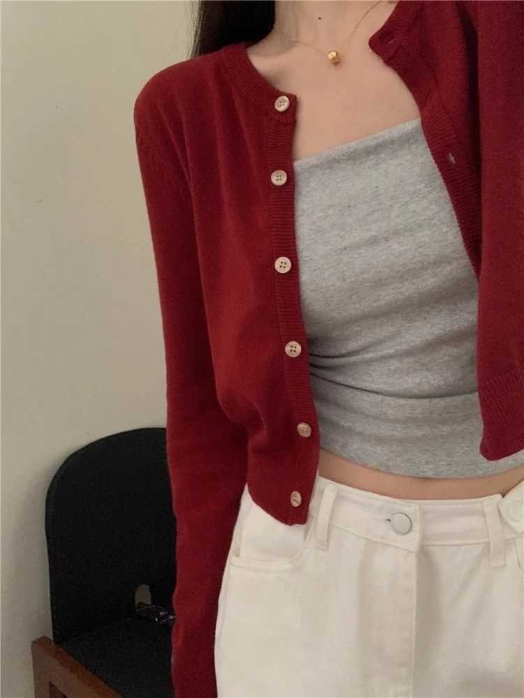 Autumn Women Elegant Slim Fit Solid Knit Top Fashion Long Sleeve O-neck Knitted Cardigan Sweater Thin Casual Button Short Coat M260306