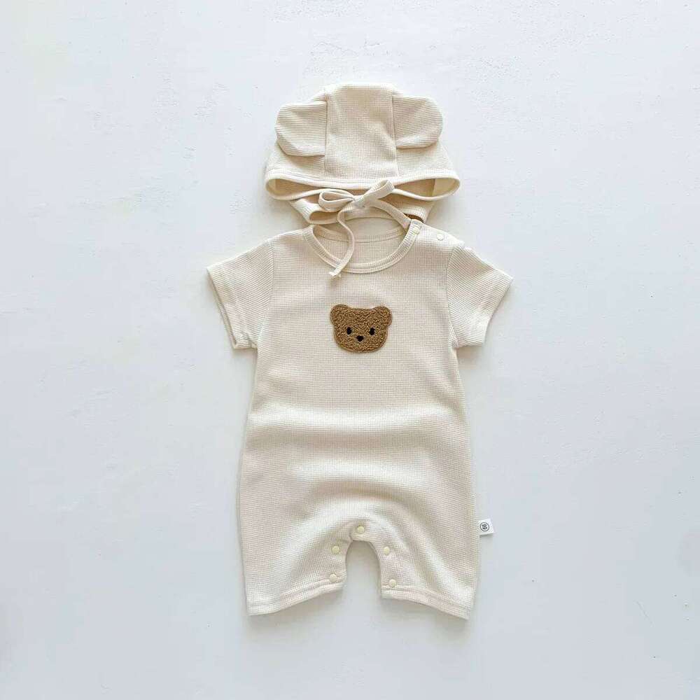 New In Summer Kids Baby Girls Boys Short Sleeve Waffle Patch Bear Infant Newborn Jumpsuits Cotton Romper Gift Hat with Ear Z260306