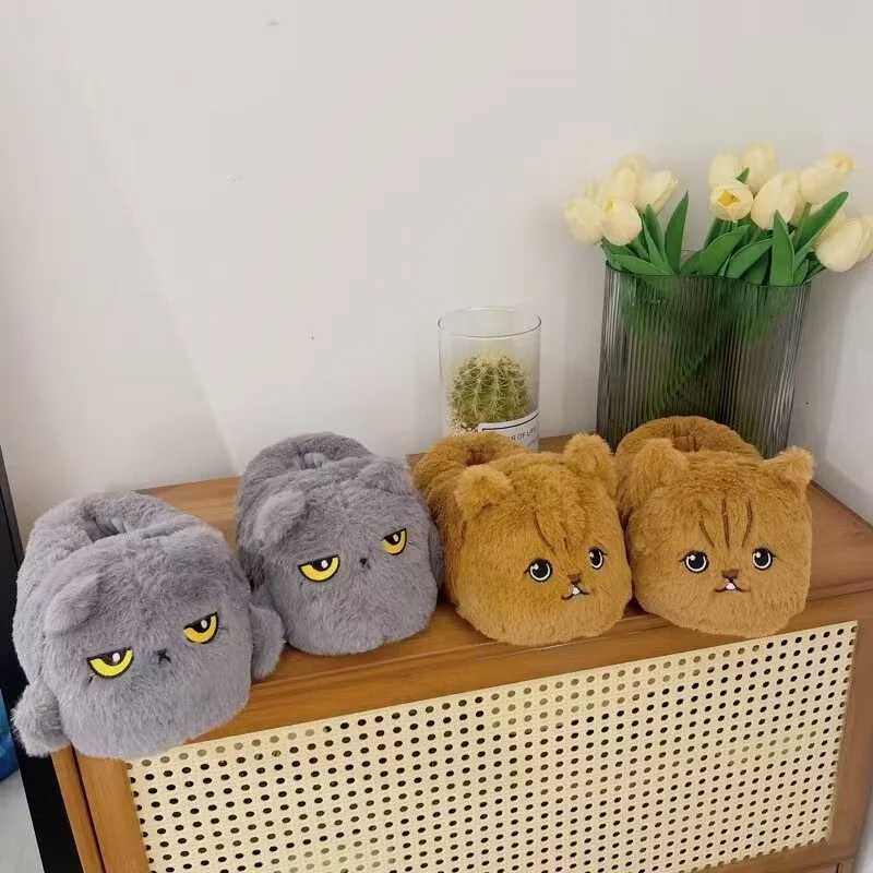 Cute brown and gray cats work from home slippers for girls animal confinement shoes fashionable home plush cat slippers S260305