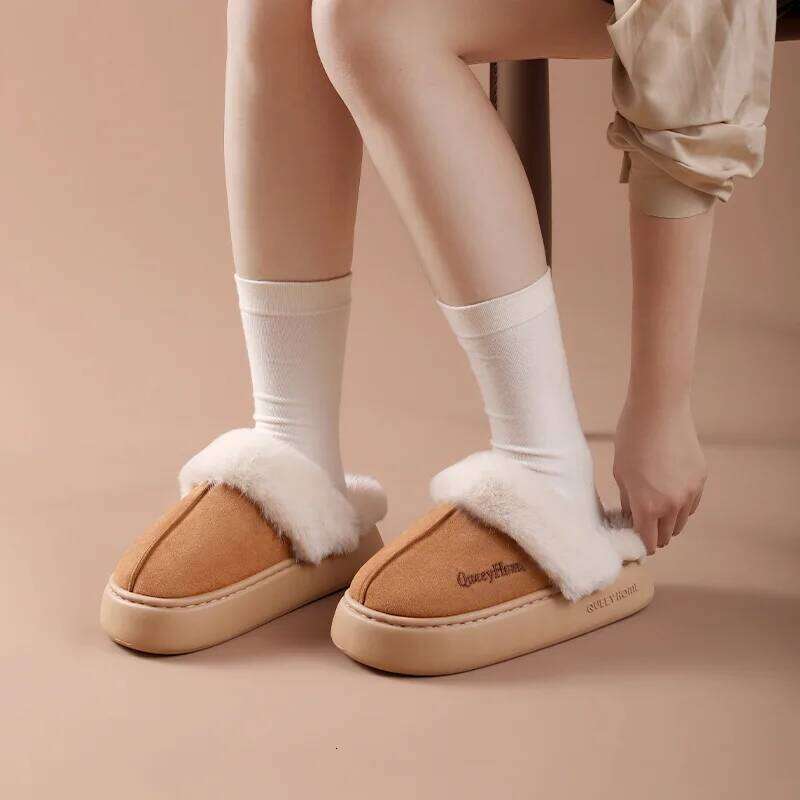 Litfun Winter Plush Lining Women's Thick Bottom Soft Sole Home Anti-slip Warm Slides Cozy Fur Ourtdoor Slippers