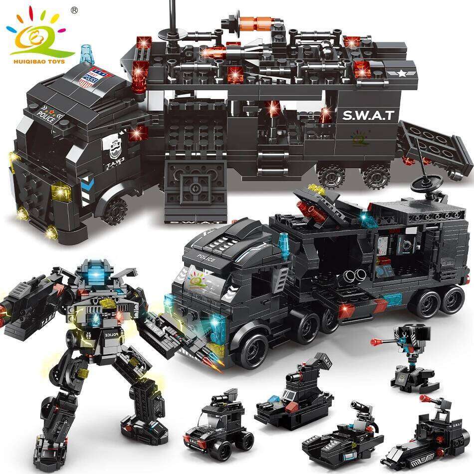 HUIQIBAO 454-585PCS 8in1 SWAT Police Command Truck Building Blocks City Helicopter Bricks Kit Educational Toys for Children Z260306