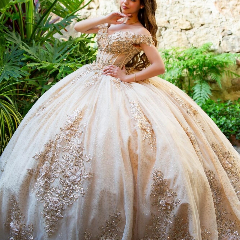 Champagne Shiny Quinceanera Dresses Ball Gown Off The Shoulder Applique Lace Beading Crystal Corset Party Birthday Sweet 16 Dress Vestidos 15 De Anos