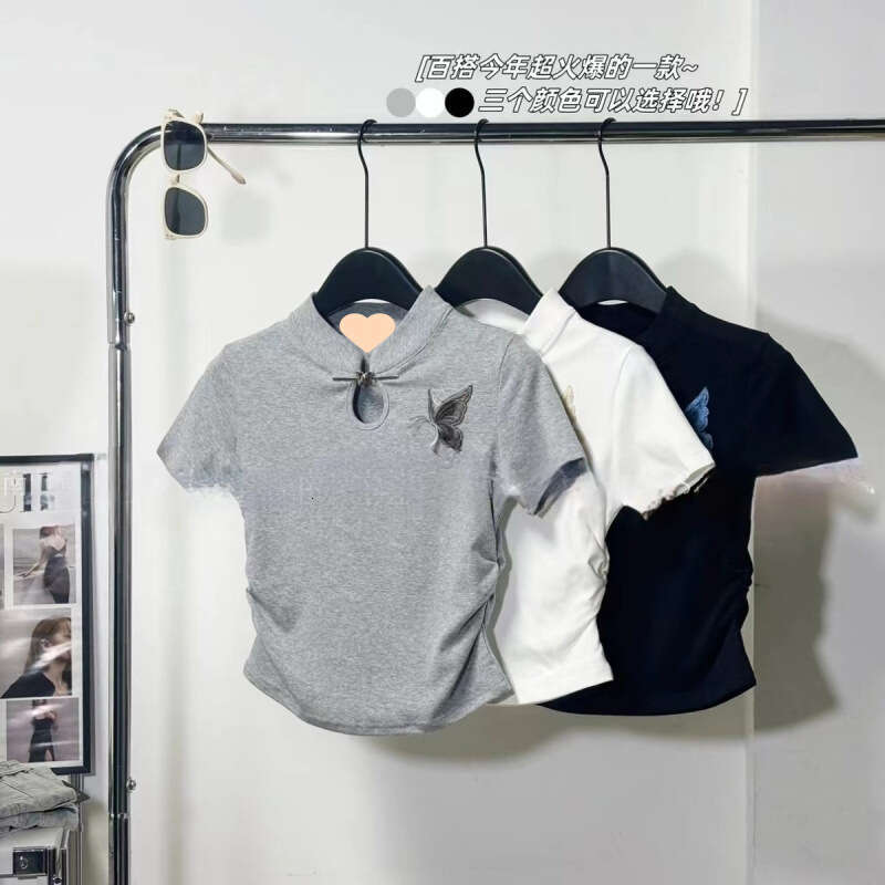 Chinese women's T-shirt new fashionable slim fit solid color butterfly embroidery top versatile Y2K style sexy fashion