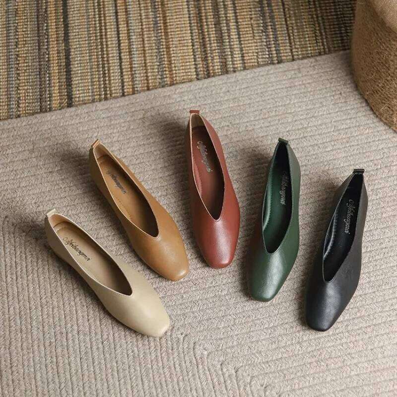 Woman Elegant Summer French Square Toe Green Mary Janes Cute Casual Flats Female Retro Low Heeled Soft Soled Flat Shoes