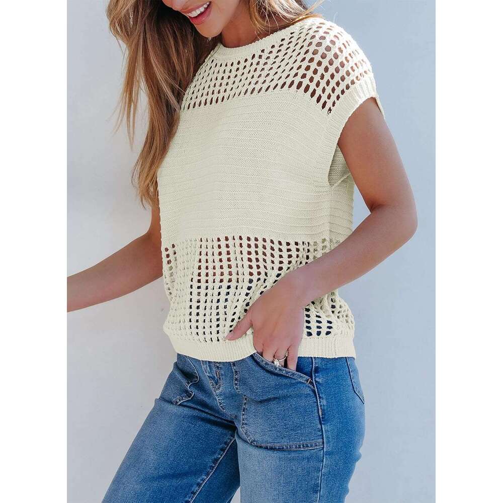 Designer Womens Tops Casual Summer Cap Short Sleeve Crochet Hollow Out Knit Sweater Vest Pullover T-Shirts Beach Coverup