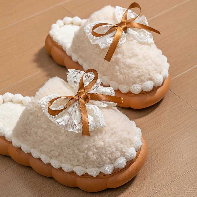 Winter Warm Fur Slippers For Women Thick-Soled Household Slippers Cute Bow Non Slip Soft Home Shoes Indoor Plush Womens Slipper S260305