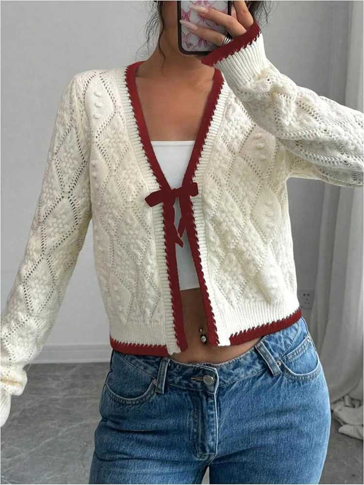 Womens Casual Long-SLeeved Knitted Cardigan Pattern with Contrasting Colour Trim 2025 Autumn/Winter New Design M260306
