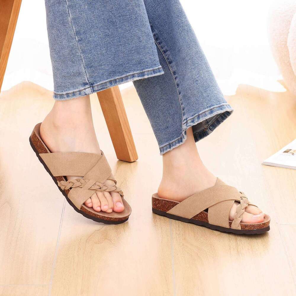 Litfun Casual With Arch Support New Cork Footbed Slides Walking Slip On Sandals Braided Straps Women's Slippers