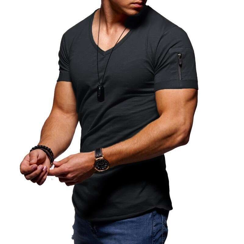 Cross-Border T-Shirt Export Large Size Men's Clothing V-Neck Stretch Solid Color Short Sleeve Youth Base Shirt Manufacturer Sale