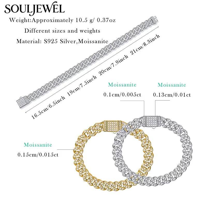 Moissanite Cuban Bracelet Sterling Silver Claw Setting Rhodium Plated Chain Link Design Hip Hop Style Unisex Everyday Wear