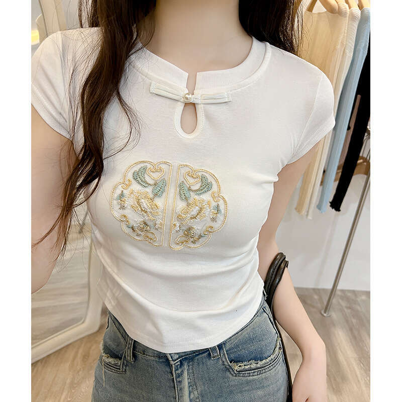 Summer Hot Sale Women's Slim Fit Short Sleeve T-Shirt Waist Cinched Y2k Spicy Girl Style Chinese style casual belly button embroidery top