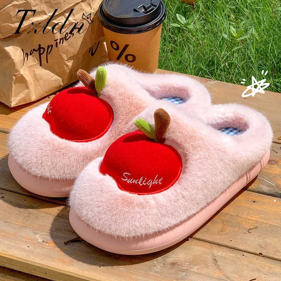 TZLDN Cartoon Plush Slippers for Women Men Winter Warm Fluffy Faux Fur Slippers 3D Apple Indoor Home Couple Cotton Slippers S260305