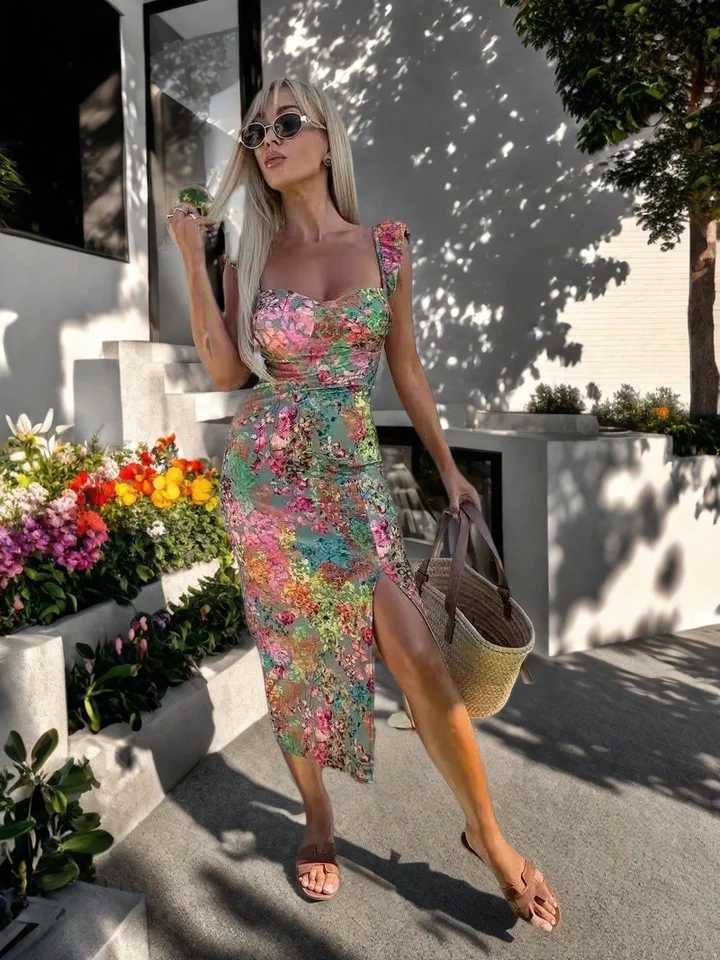 Floral Print Ruffle Sleeve Sundress Spaghetti Strap Summer Dress Effortlessly Romantic for Vacation Beach Getaways X260306