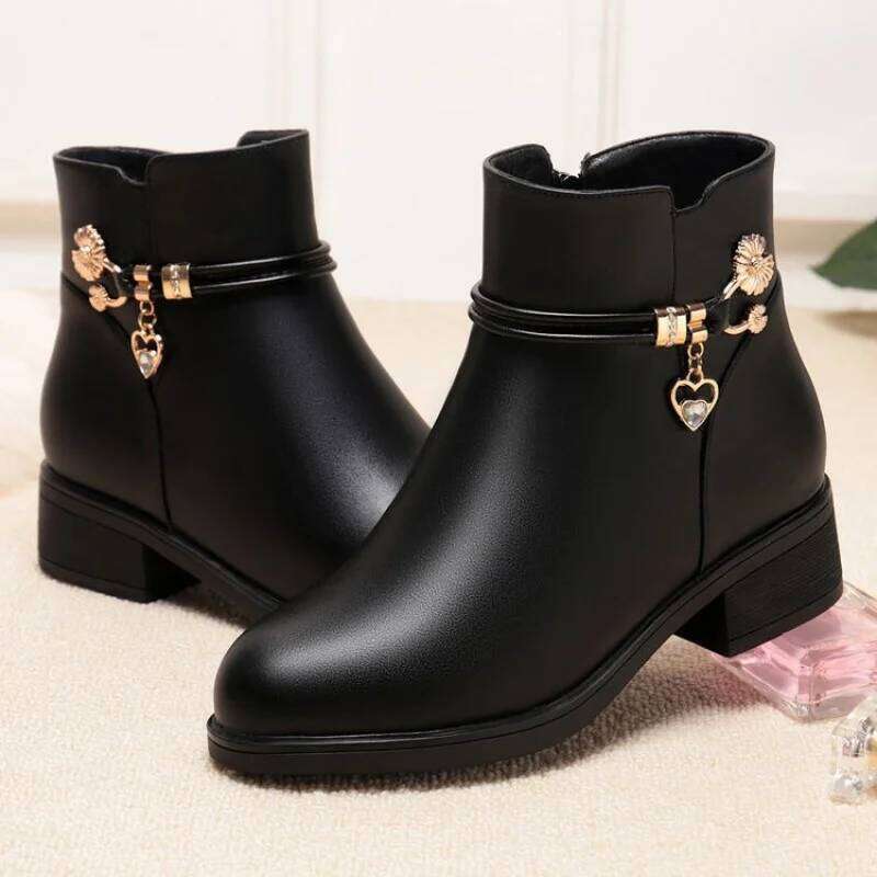 2025 Winter Soft Furry Short Boots for Women - Chunky Heel Warm Cotton Shoes, Flat Black Leather Mom Shoes