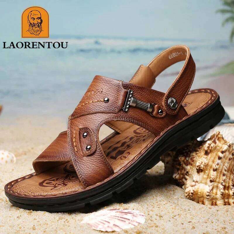 LAORENTOU leather male casual beach shoes wear non-slip sandals and sliers cowhide