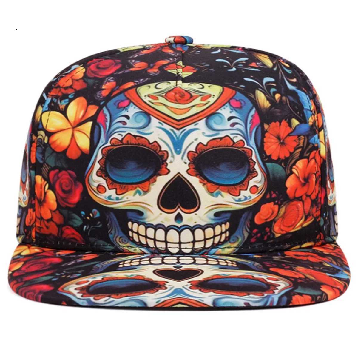2025 New Printed Zombie Skull Flower Flat Edge Hat Trendy Hip Hop Hat Baseball Hat Outdoor Leisure Sports Sunshade Hat Unisex S260306