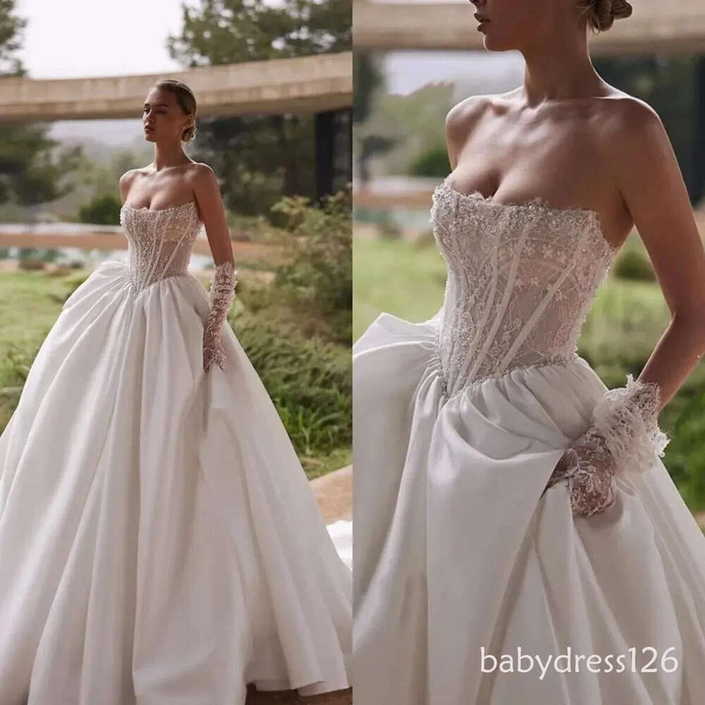 Simple A Line Wedding Dresses For Women Sequins Pearls Bridal Gown Sleeveless Lace Up Sweep Train Dress Vestido De Novia
