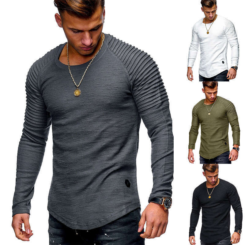 New Slim Fit Round Neck Long Sleeve with Arm Zipper, Unique European and American Style Casual Base Shirt T-Shirt for Men