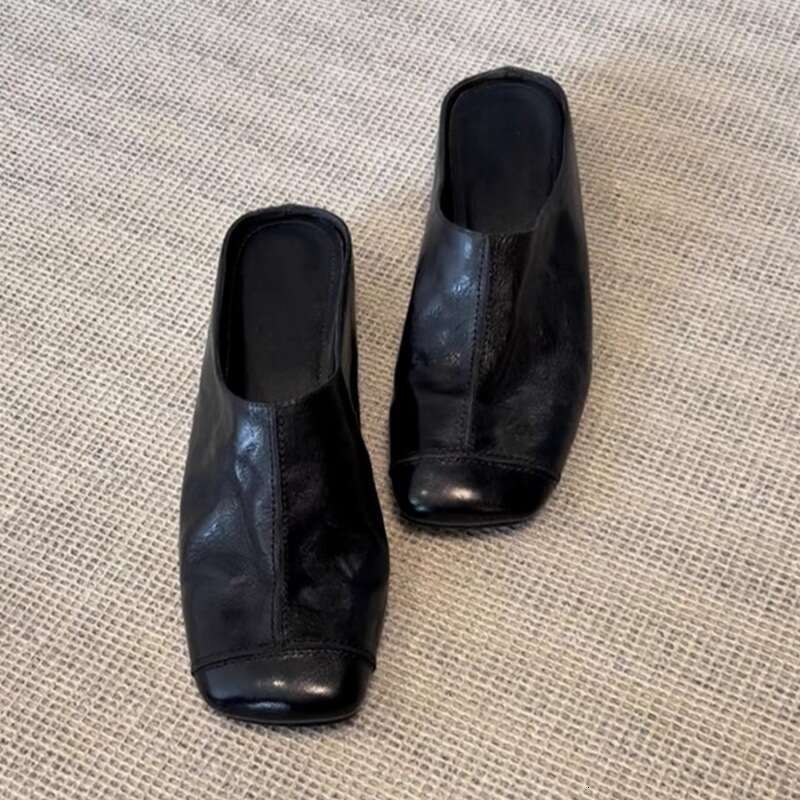 2026 Black Spring Summer New Style Flat with Skirt Elegant Single Shoes Trendy Soft Sole Slip-On Closed-Toe Half Slippers for Women