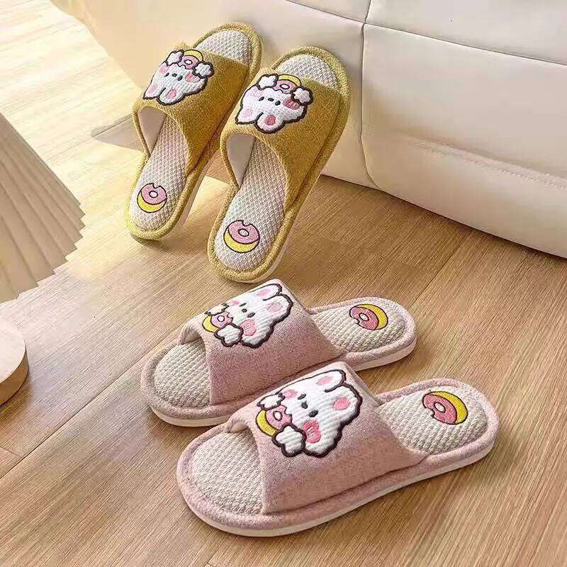 Litfun Women's Summer Cute Cartoon Slippers Indoor Soft Comfort House Shoes New Open Toe Linen Cotton Slipper Casual Flat Slides