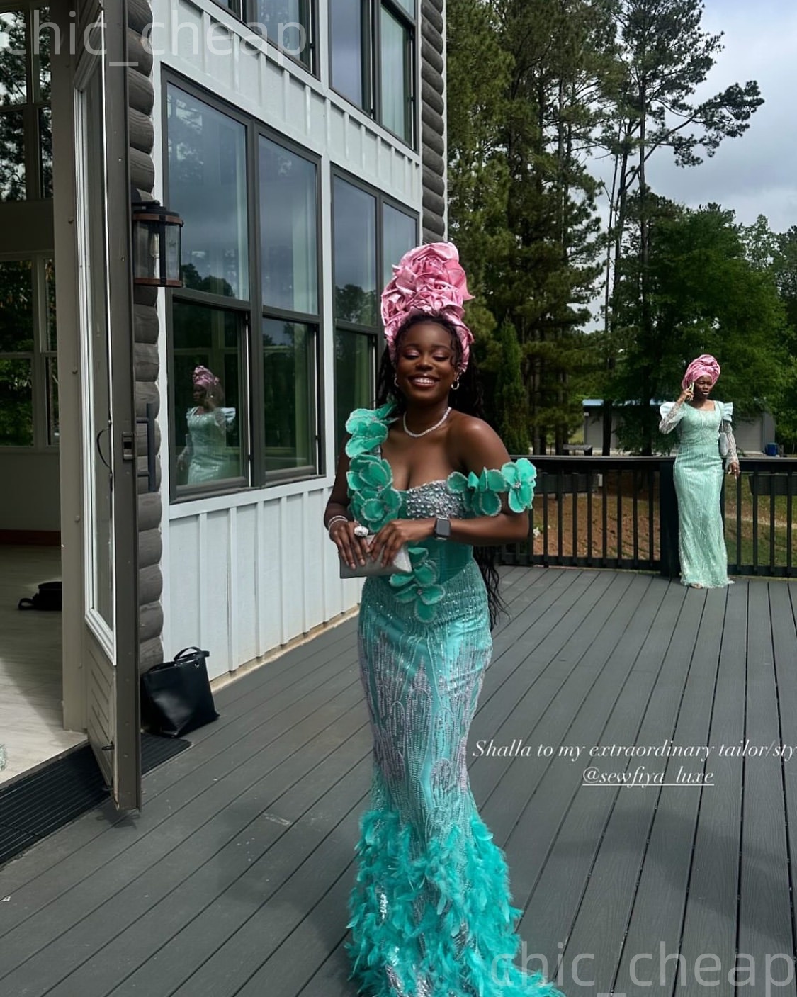 Aso Ebi Turquoise Prom Dress 2026 Mermaid Prom Dress Florals Feather Sequined Evening Dresses For Black Women Birthday Party Formal Receiption Gowns D