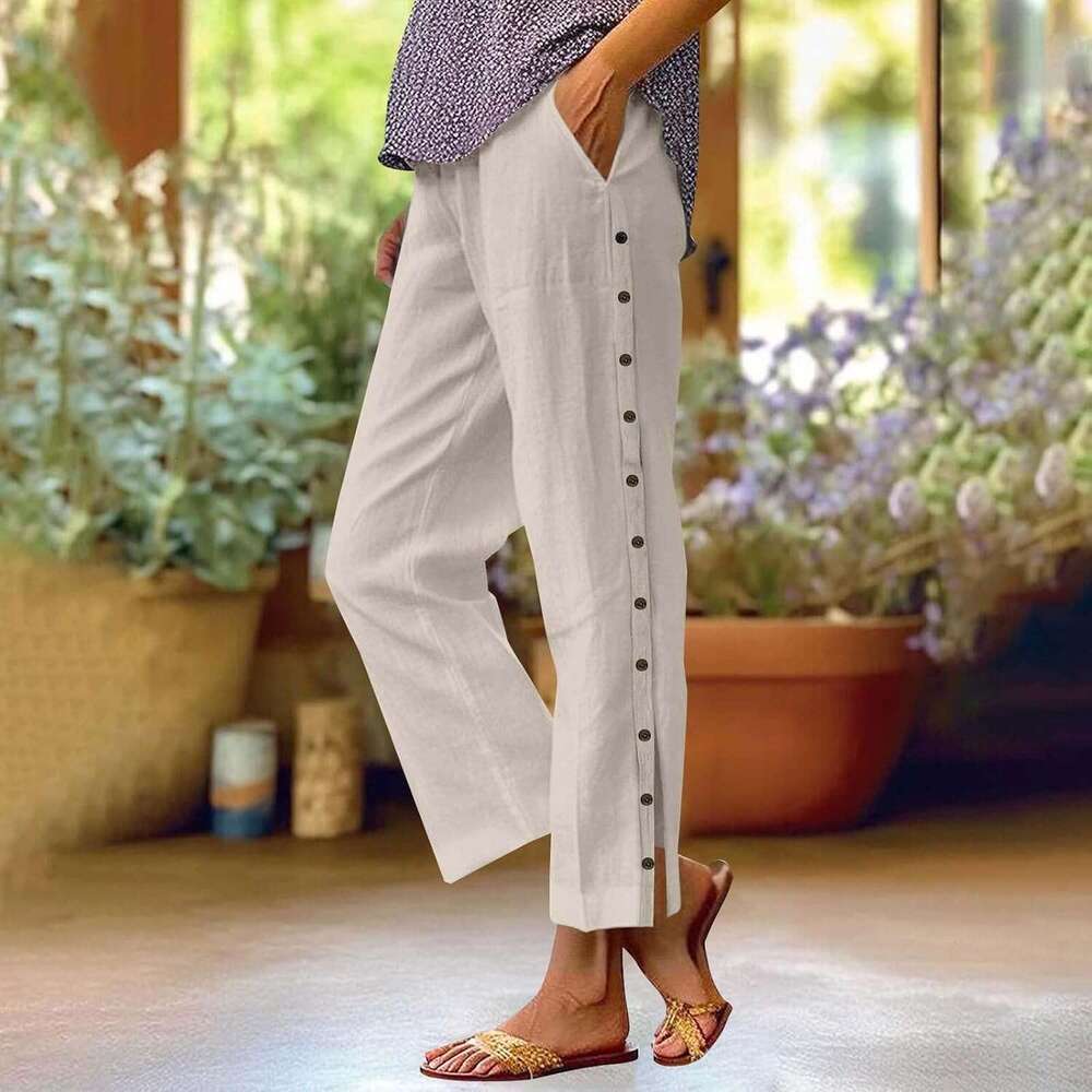 Linen for Women 2025 Spring Summer Lightweight Long Pants Vacation Beach Trousers Designer Side-Buttoned Closure Joggers