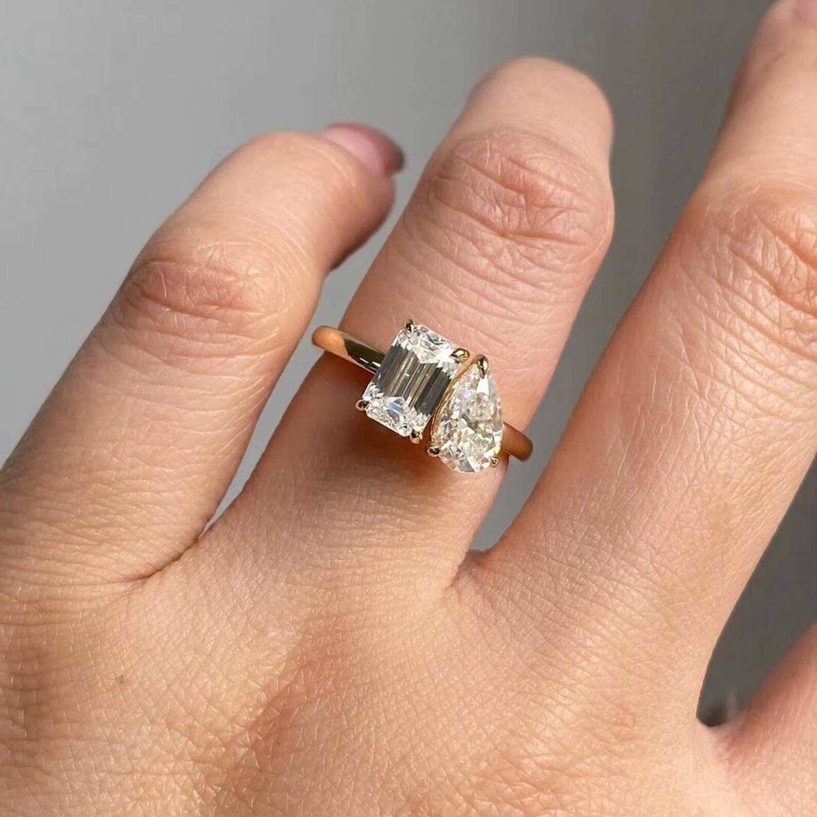 10k 14k 18k Solid Real Gold Vvs Moissanite Diamond Toi Et Moi Engagement Ring Pear Moissanite Two Stone