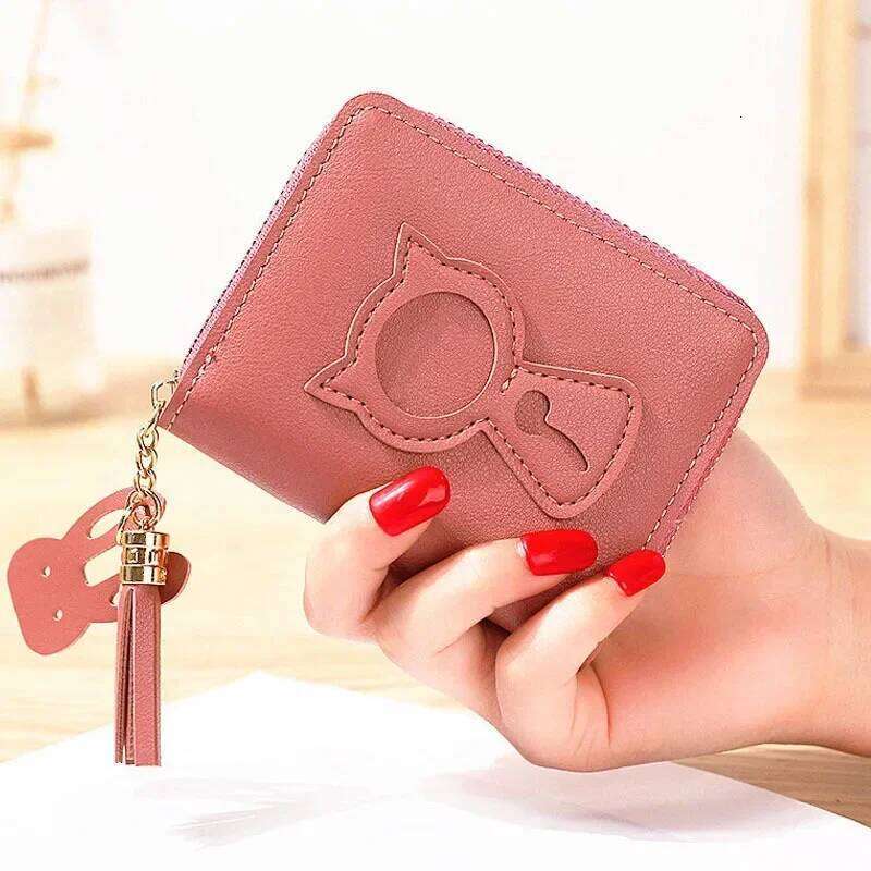 Korean Cute Cat Print Women Short Wallet Zipper Clutch Bag Coin Purse Credit Card Holder with Tassel Pendant C260304