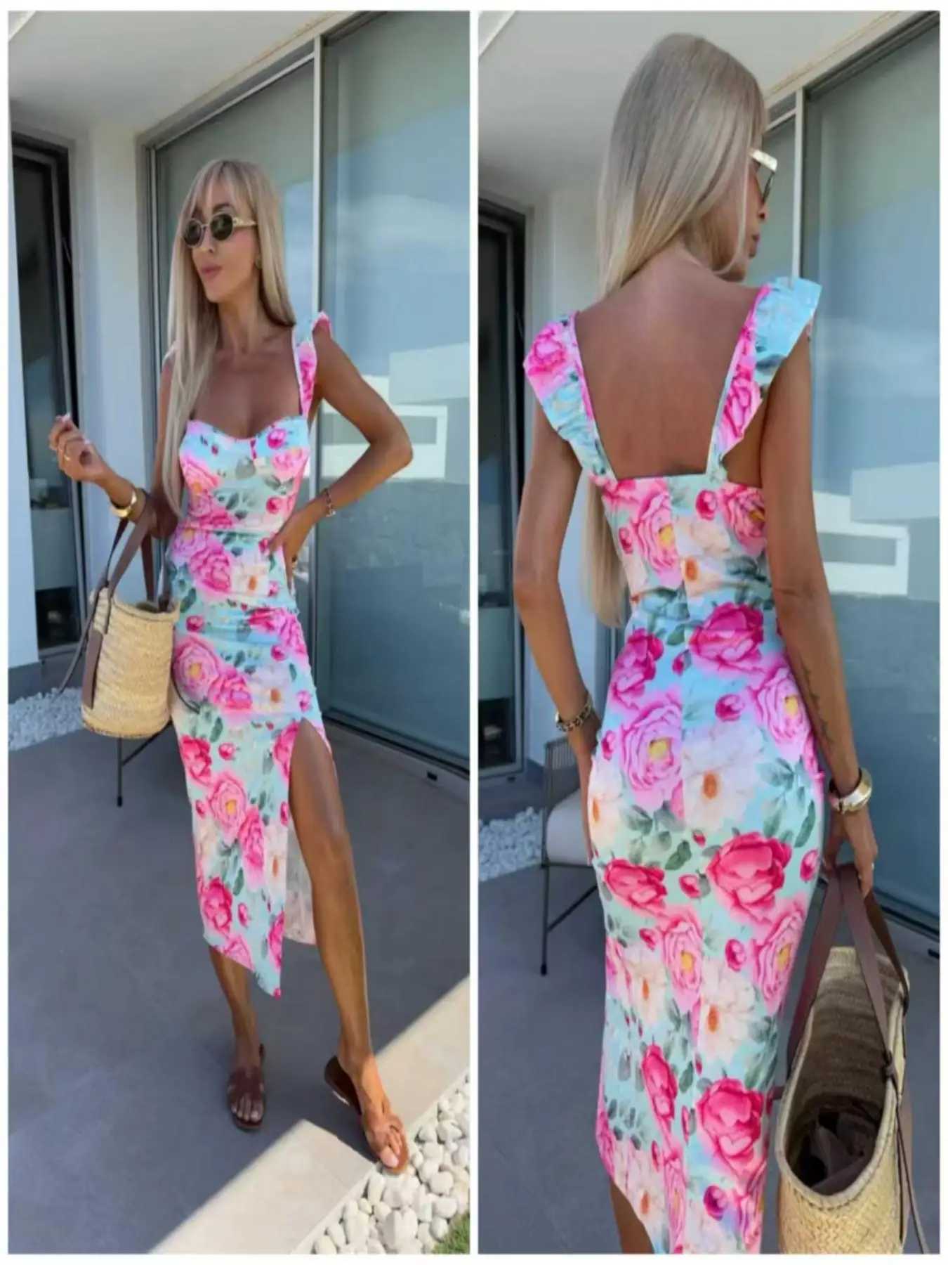 European and American summer new elegant design French flower suspender slit midi-length ladies dress X260306