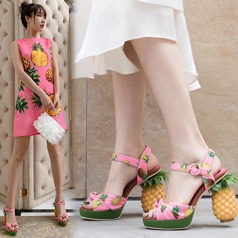 Summer Pink Pineapple Print Open-toe Platform Sandals Sweet Women High-heel Buckle Strappy Women Shoes Lovely Sandalias Mujer 260306