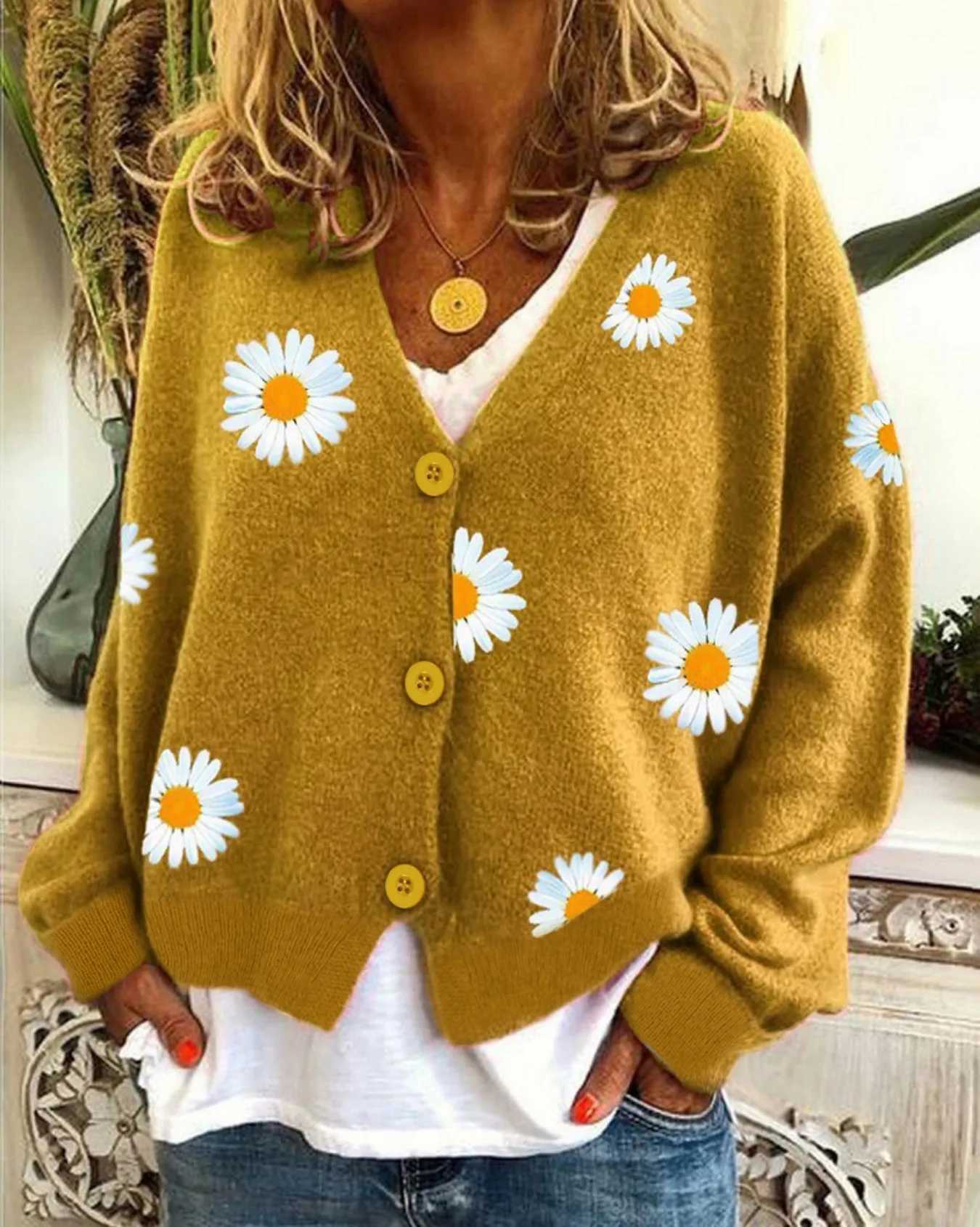 Womens Mustard Yellow Daisy Embroidered V-Neck Knit Cardigan Casual Oversized Long Sleeve Outerwear M260306