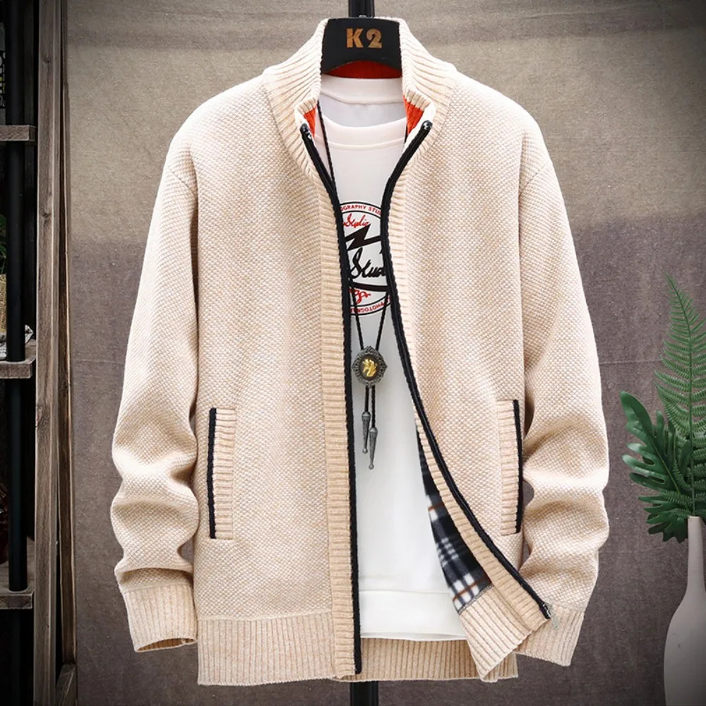 Knitted Cardigan Solid Color Sweater Men Zipper Autumn Long-sleeved Jacket Warm Fleece Cardigans Jacket 260306
